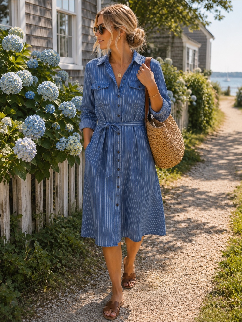 Blue Pinstripe Cotton Shirt Dress with Removable Tie Belt | Small